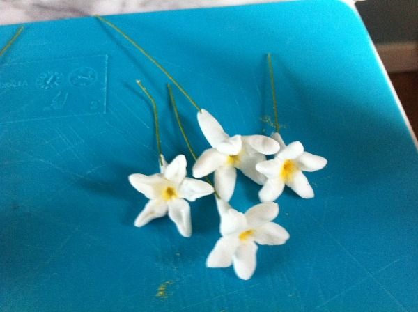 white icing flowers with wire stems to decorate a cake