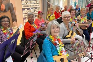 A large group of older adults, sitting in two lines, with ukeleles and wearing leis.