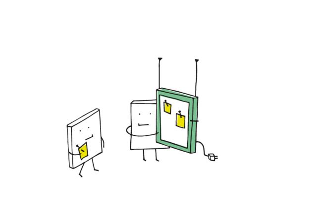 cartoon of squares presenting to each other
