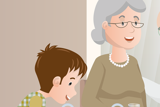 illustration of older woman in glasses next to young boy with brown hair