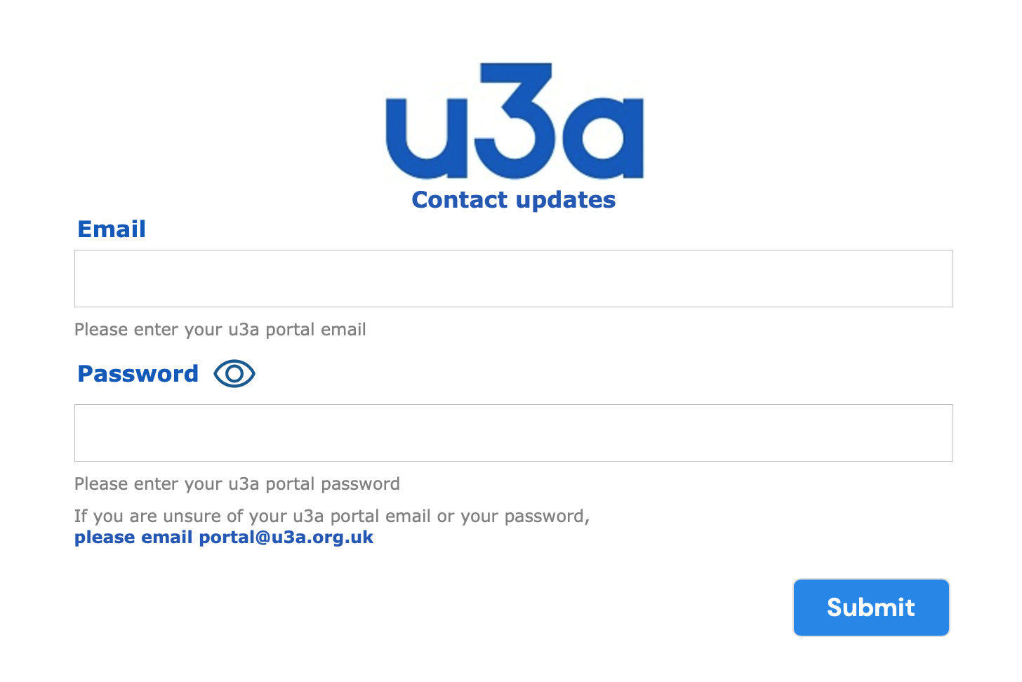 graphic showing log-in screen for u3a portal