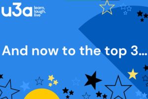 A blue image with stars and the u3a logo on that says, "And now to the top 3..."