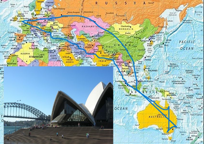 sydney photo overlayed on a map showing route from UK to australia
