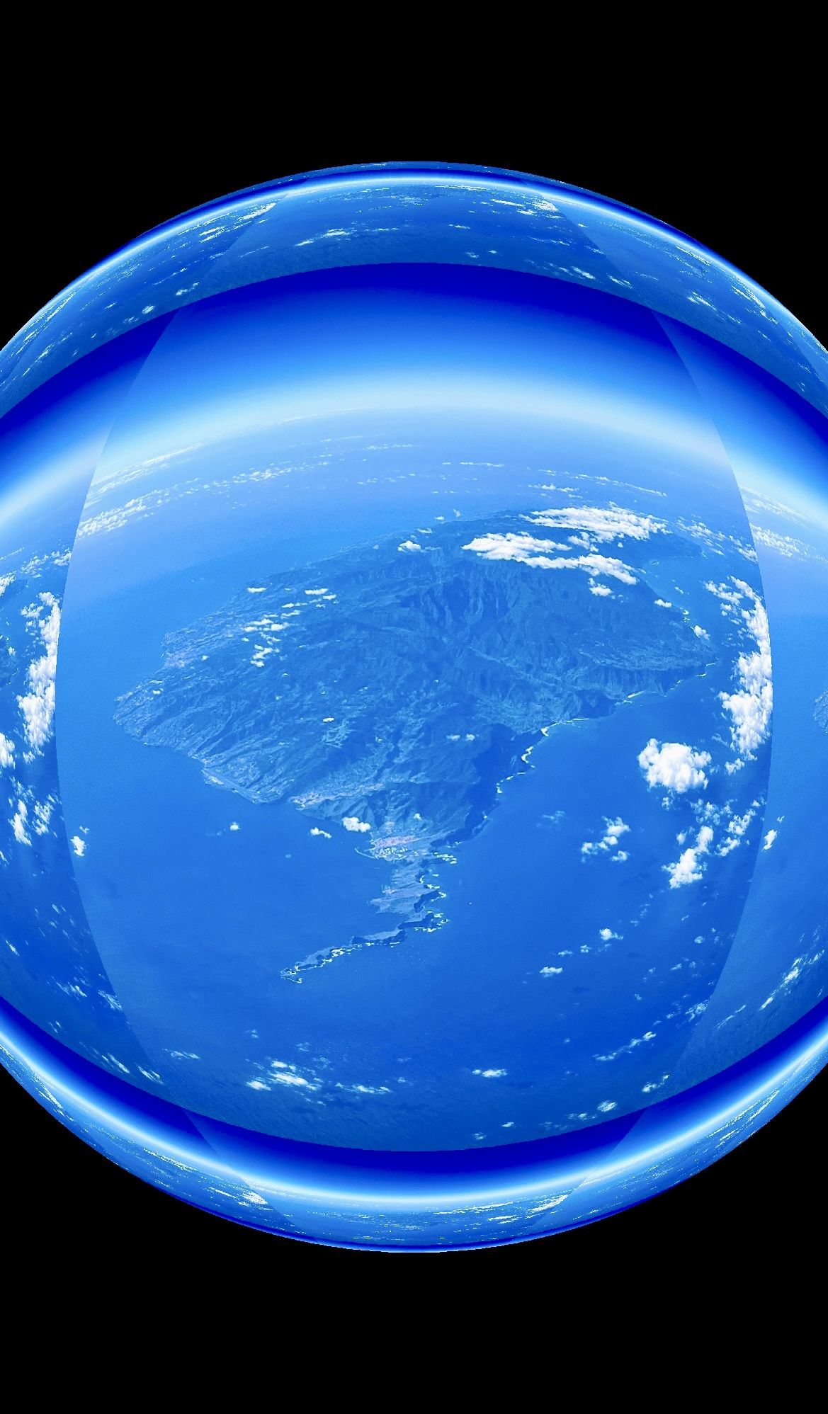 blue fish eye lens out of plane window - island and sea all blue