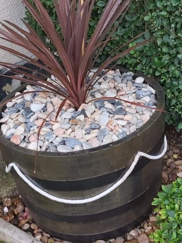 rope decorating a bourbon barrel to make a plant pot