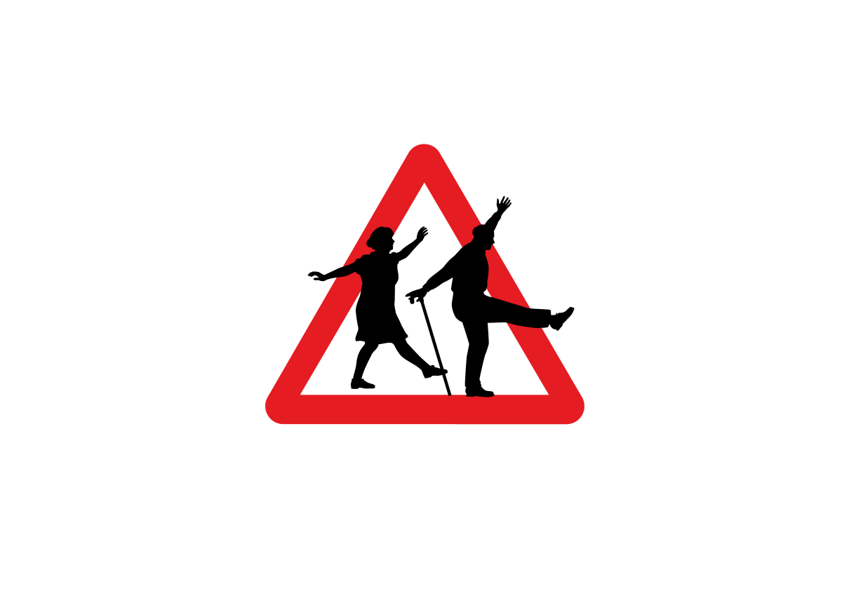 Three older people walking together interlinking arms, with billboard of footballers behind them