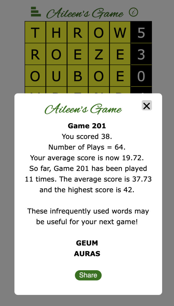 Screenshot of a completed game, with the score and statistics shown